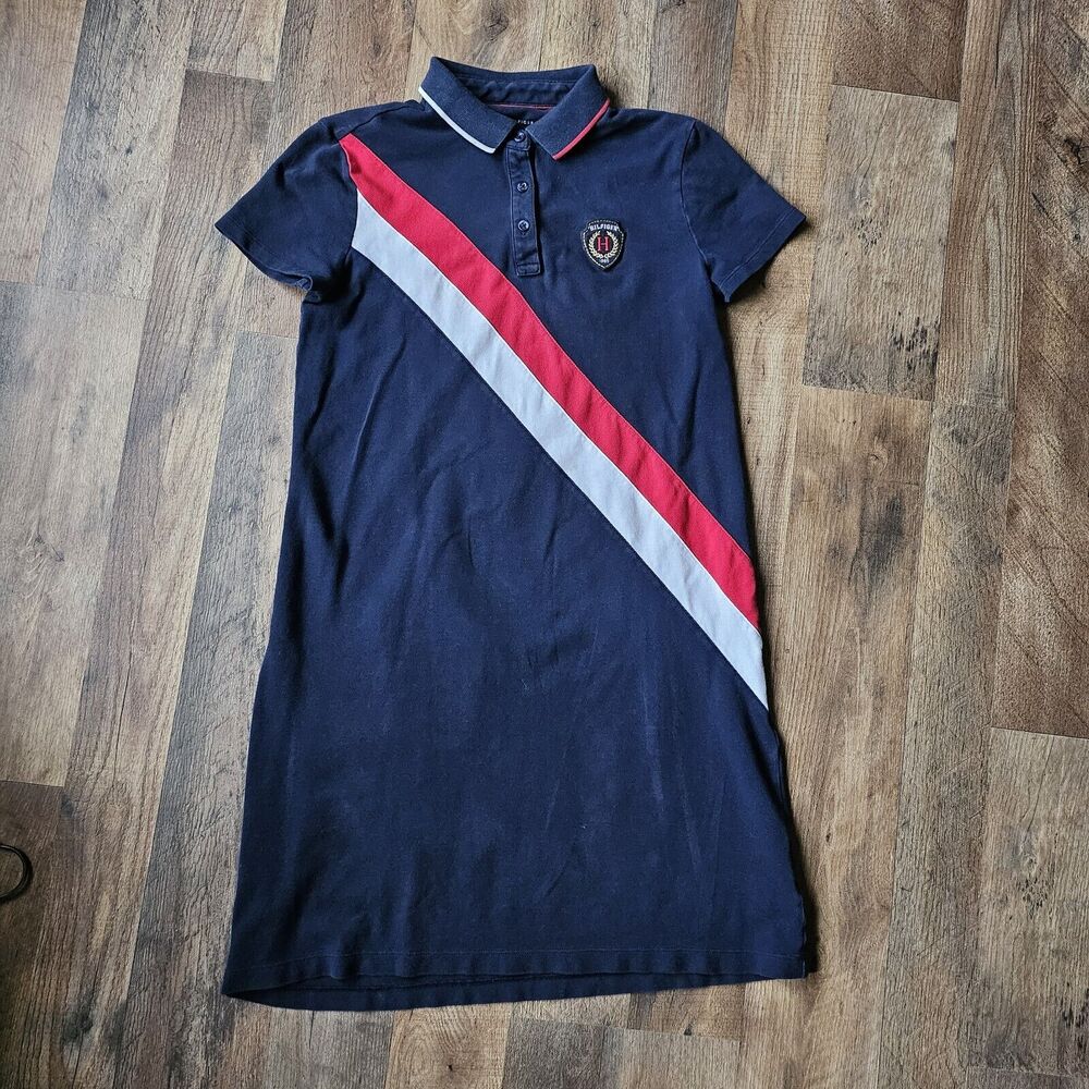 Tommy Hilfiger Women's Blue, White, and Red Short-Sleeve Collar Polo Dress, XS